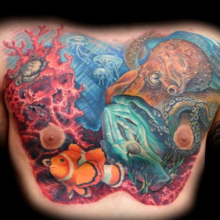 Nate Beavers - Colorful Aquatic Chest Piece Tattoo 